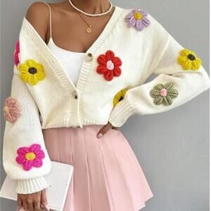 Women’s Daisies Button Down Flower Knit Crop Cardigan V-Neck Open Front White